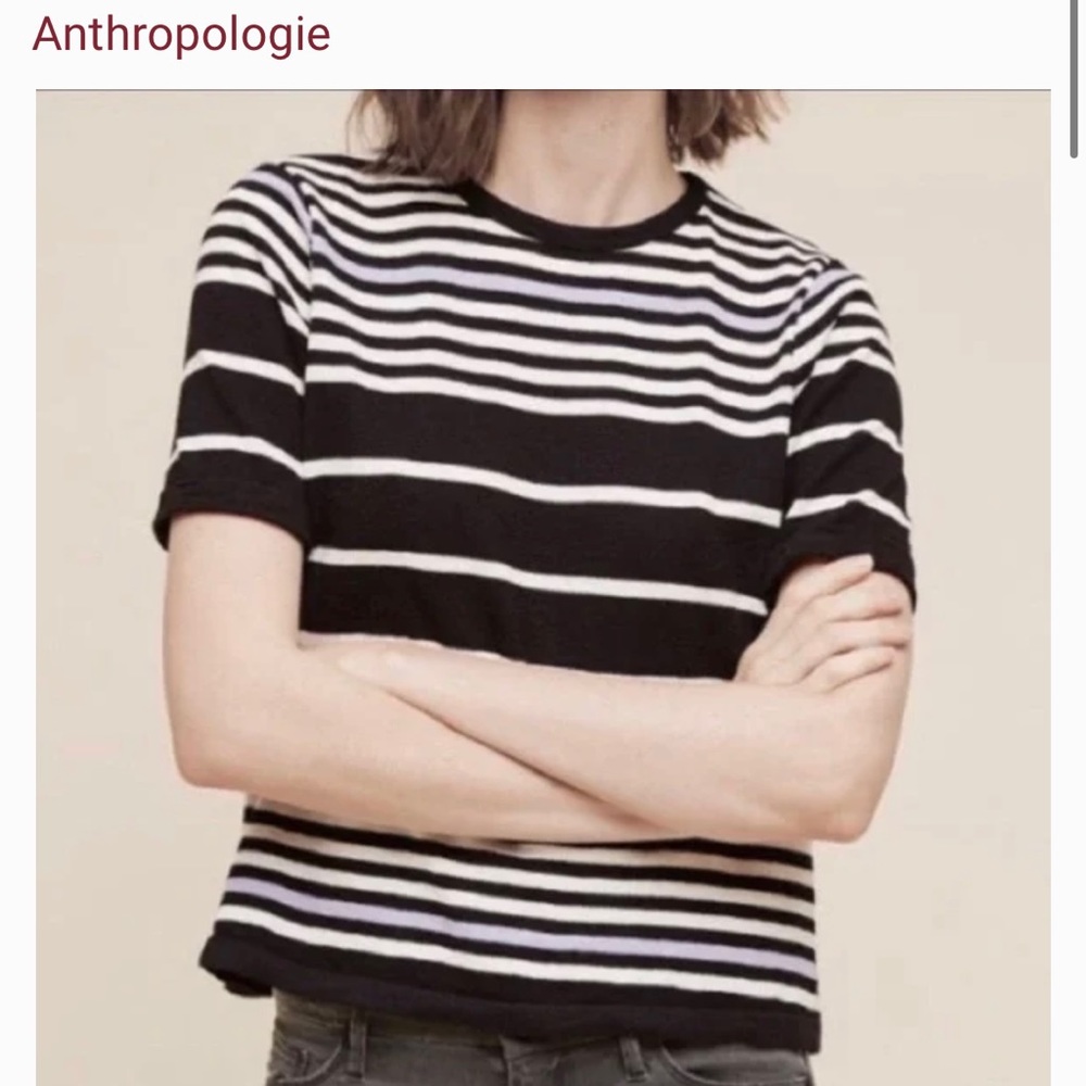 Anthropologie Postmark Black, White and Blue Striped Short Sleeve Sweater SZ- S